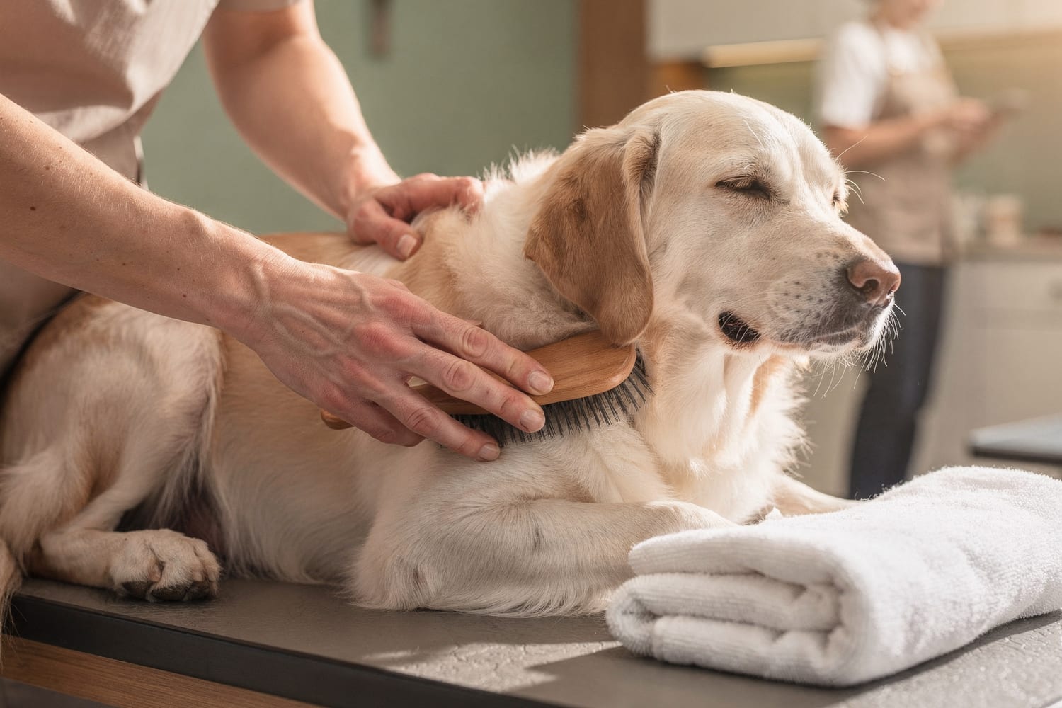 A groomer gently brushing a relaxed dog with its eyes closed beside a folded towel