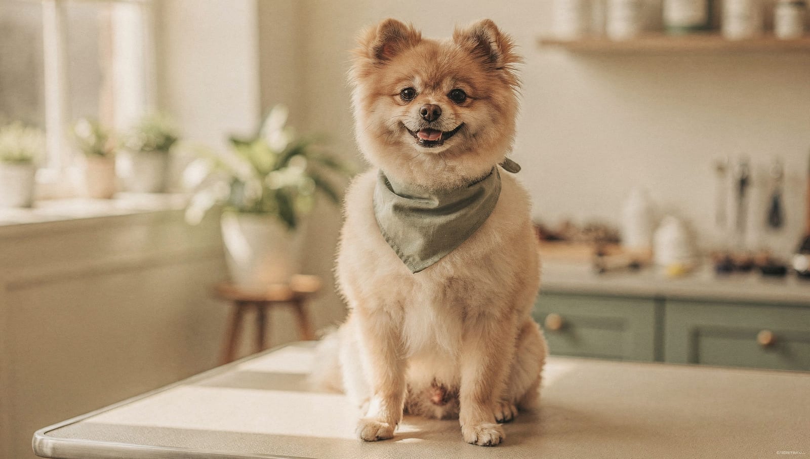 A freshly groomed, happy dog wearing a soft bandana in warm natural light