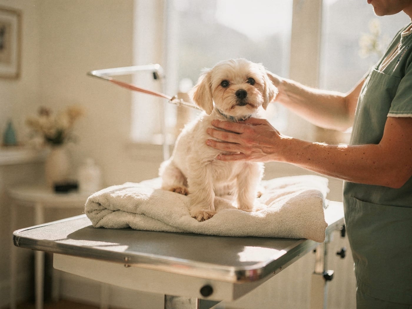 A calm puppy being gently introduced to grooming for the first time in soft natural light